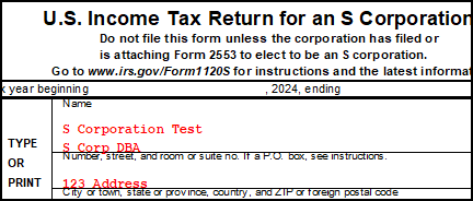 Image of DBA (doing business as) line on Form 1120-S 